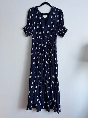 Anthropologie Navy Wrap Dress with White Polka Dots